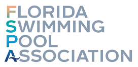 Florida Swimming Pool Association logo. Gray text, colored letters FSPA, and a blue wave graphic.