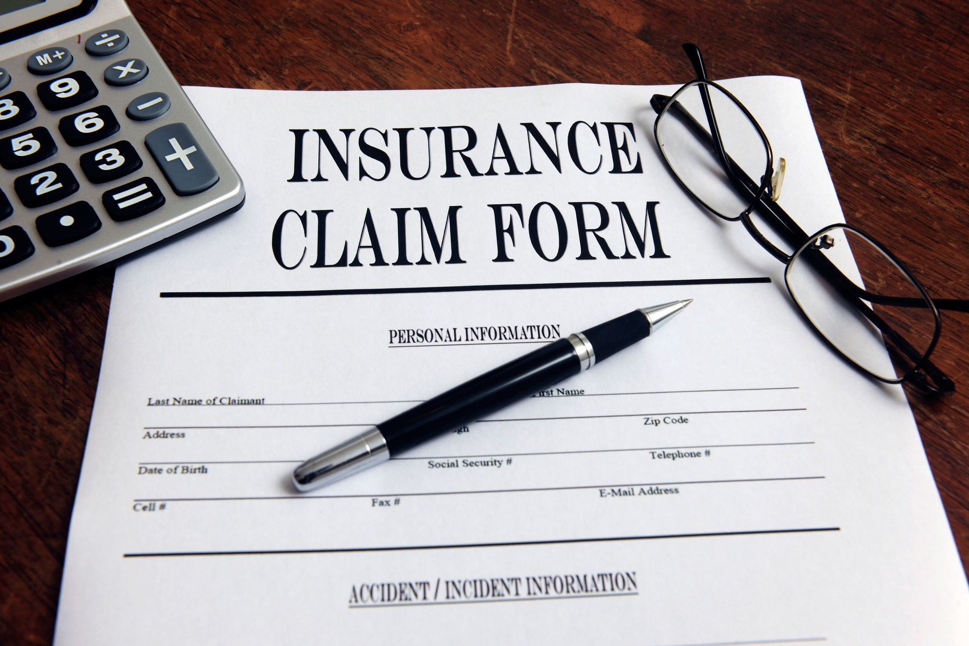 Insurance claim form on a wooden desk with a pen, eyeglasses, and calculator placed nearby, ready to be filled out.