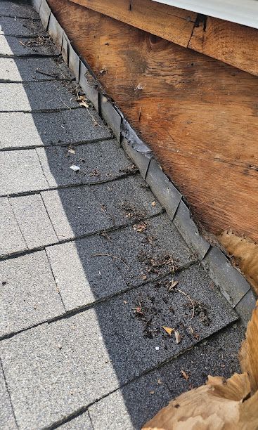 Close-up of a sloped shingle roof with gutter debris beside a wooden wall.
