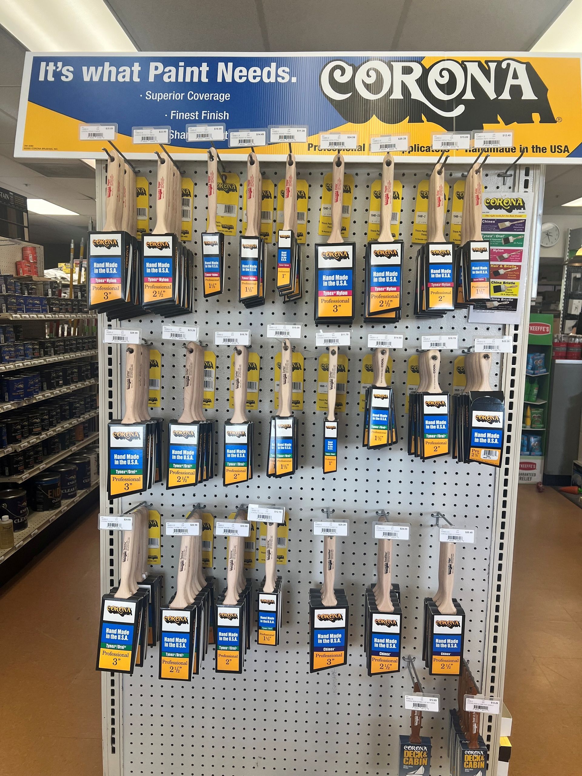 A display of corona paint brushes in a store