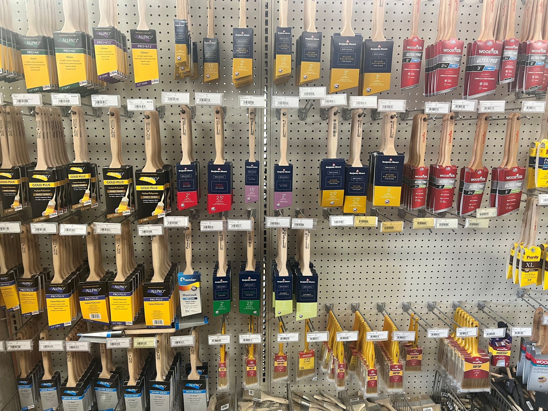 A display of paint brushes hanging on a wall in a store.