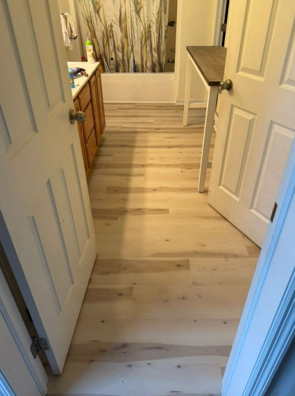 Narrow hallway with light wood floor, white doors, and a small desk at the far end.