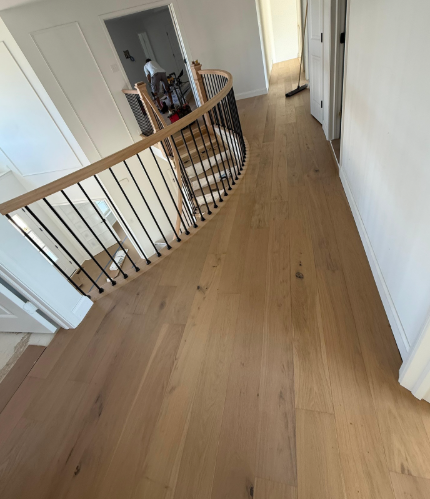 Curved upstairs hallway with light wood floors and white walls, overlooking a staircase with black railings