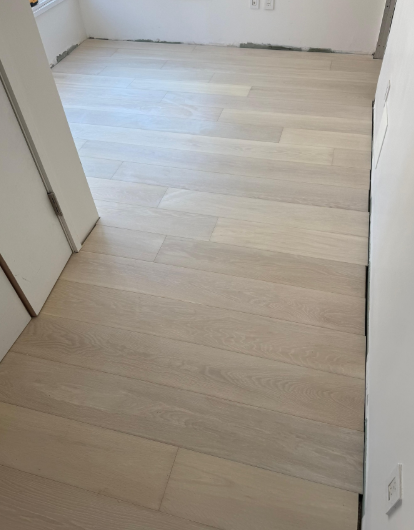 Empty room with light wood flooring and white walls, viewed from a doorway.