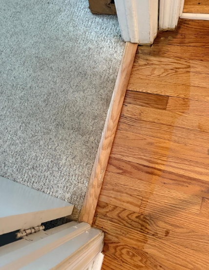 Wood floor meets carpet at a doorway with a raised threshold transition strip.