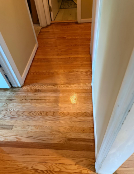 Wooden hallway with a small step down into a doorway, framed by white walls and trim.