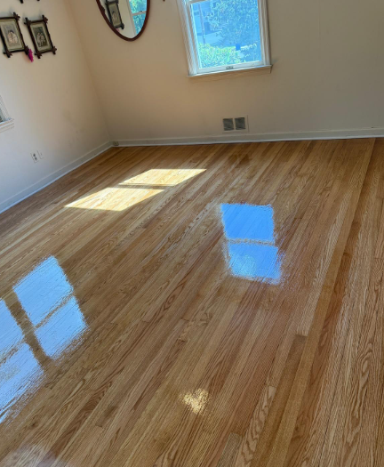 Empty sunlit room with polished hardwood floor and a window casting blue reflections.