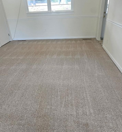 Empty beige-carpeted room with white walls and a window