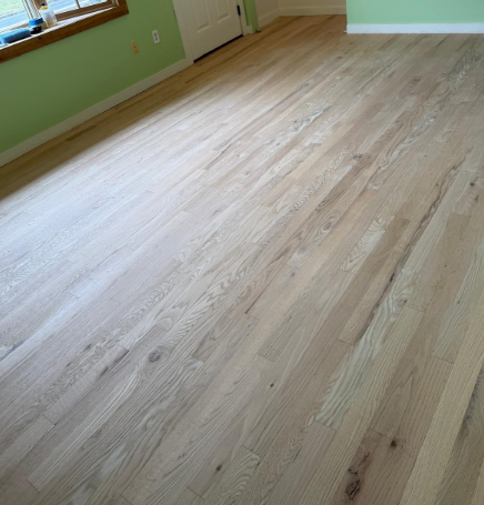 Empty room with light wood floor, green walls, and a window and door in the background