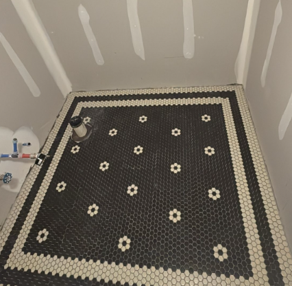 Small tiled shower stall with dark hex tile floor, white border, and a can of cleaning solution in the corner
