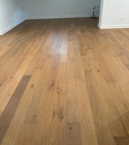 Empty room with light wood flooring, white walls, and a small doorway at the back.