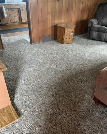 Carpeted living room with wood-paneled wall, cardboard box, and a gray armchair