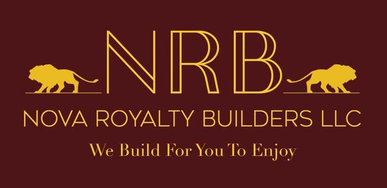 Gold NRB logo with lions and text &ldquo;Nova Royalty Builders LLC&rdquo; and &ldquo;We Build for You To Enjoy&rdquo; on burgundy background