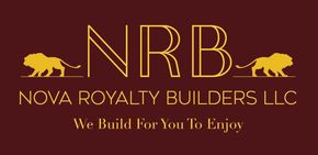 Gold NRB logo with lions and text &ldquo;Nova Royalty Builders LLC&rdquo; and &ldquo;We Build for You To Enjoy&rdquo; on burgundy background