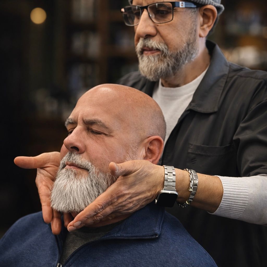 A person in a black shirt holds the jawline of another person in a blue sweater during a barber service.