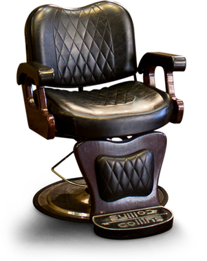 A black leather barber chair with a diamond-quilted pattern and a branded footrest, shown against a white background.