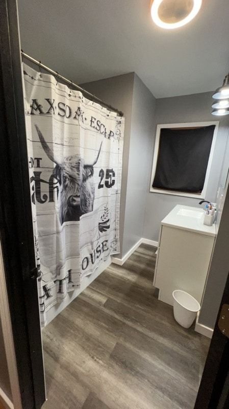 A bathroom with a shower curtain and a sink.