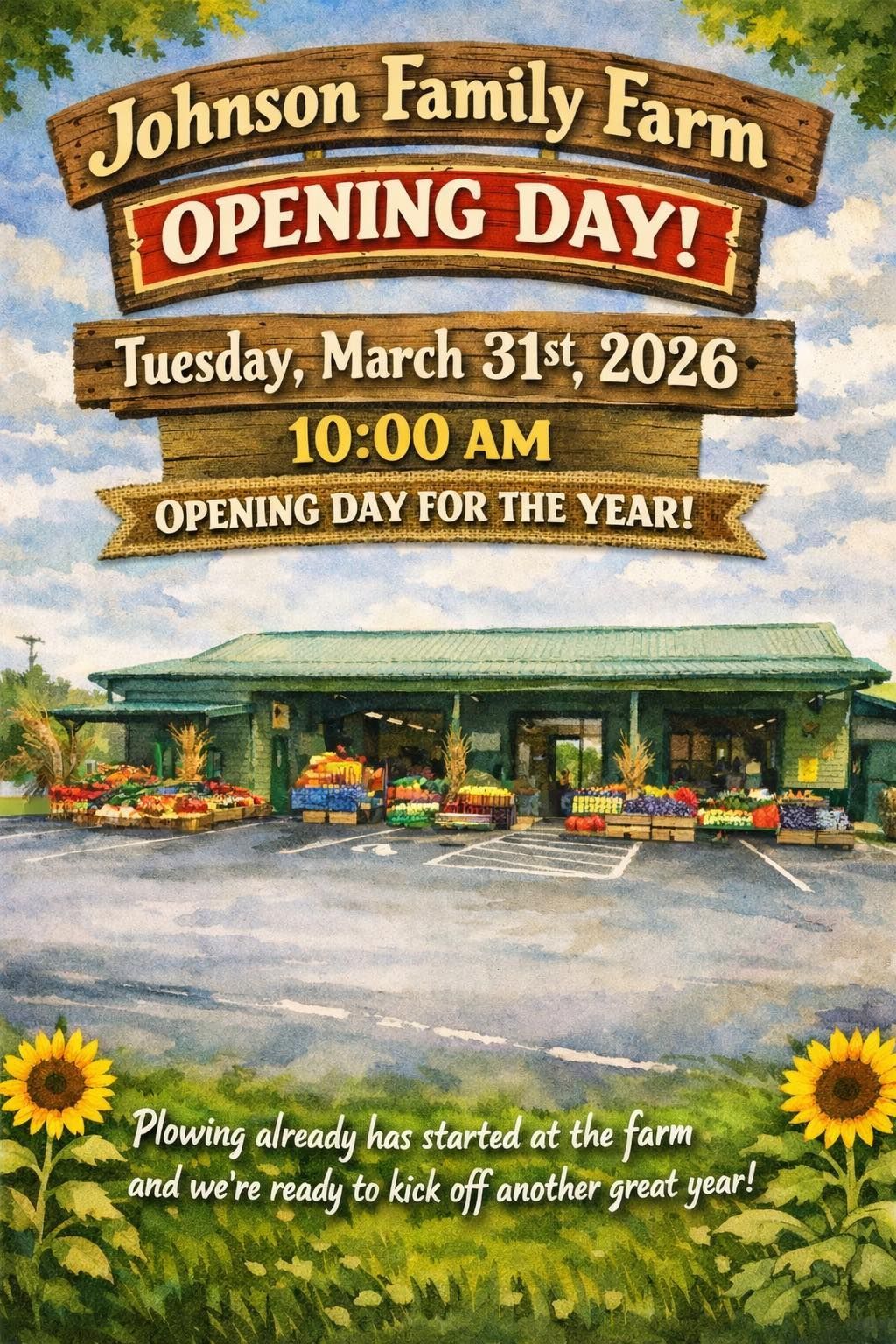 Johnson Family Farm opening day sign on March 31, 2026, at 10:00 AM, featuring a farm market store in a grassy field