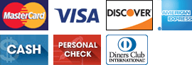 MasterCard, Visa, Discover, American Express, Cash, Personal Check, Diners Club