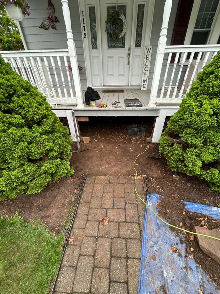 Front porch with white double doors, brick path, two shrubs, and a small black dog sitting on the step