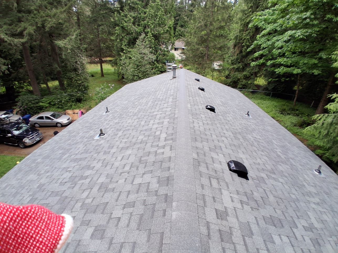 View from a shingled roof with vent caps, surrounded by trees and parked cars below
