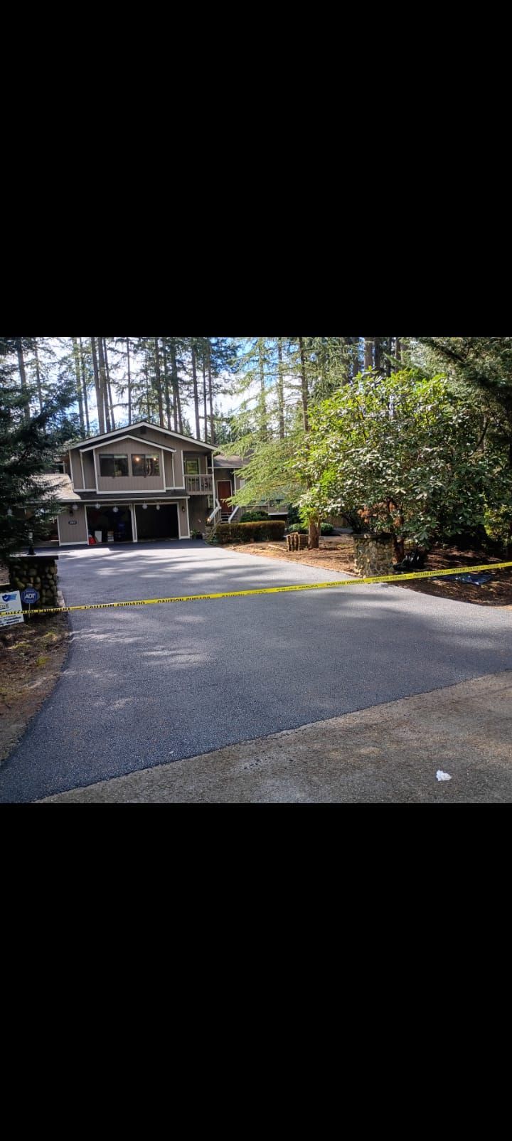 Tree-lined driveway leading to a house with a porch and large bushes in front