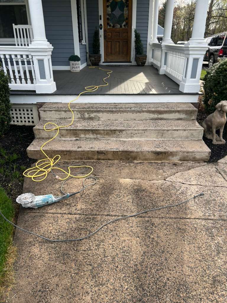 Front porch steps with a yellow extension cord, a plastic bag, and a cat sitting at the right side.