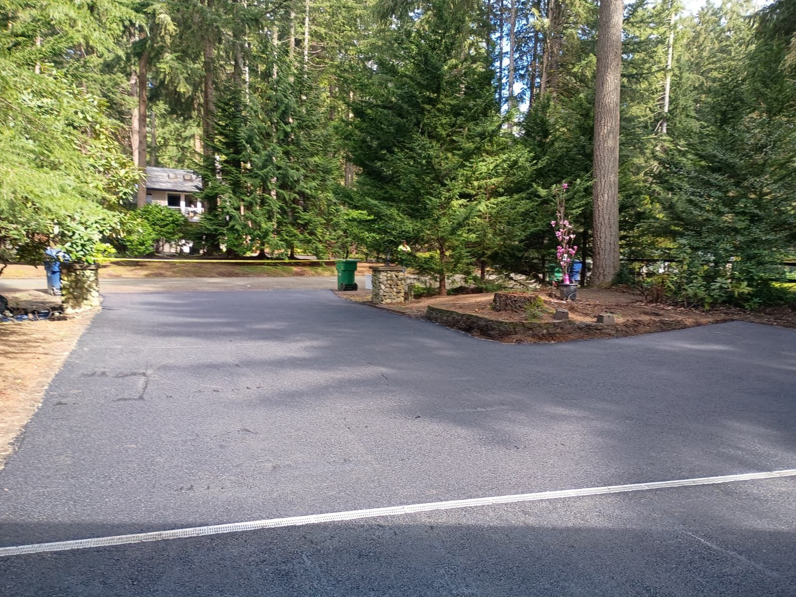 Paved driveway in a wooded area with tall trees, a green trash bin, and a parked car in the distance