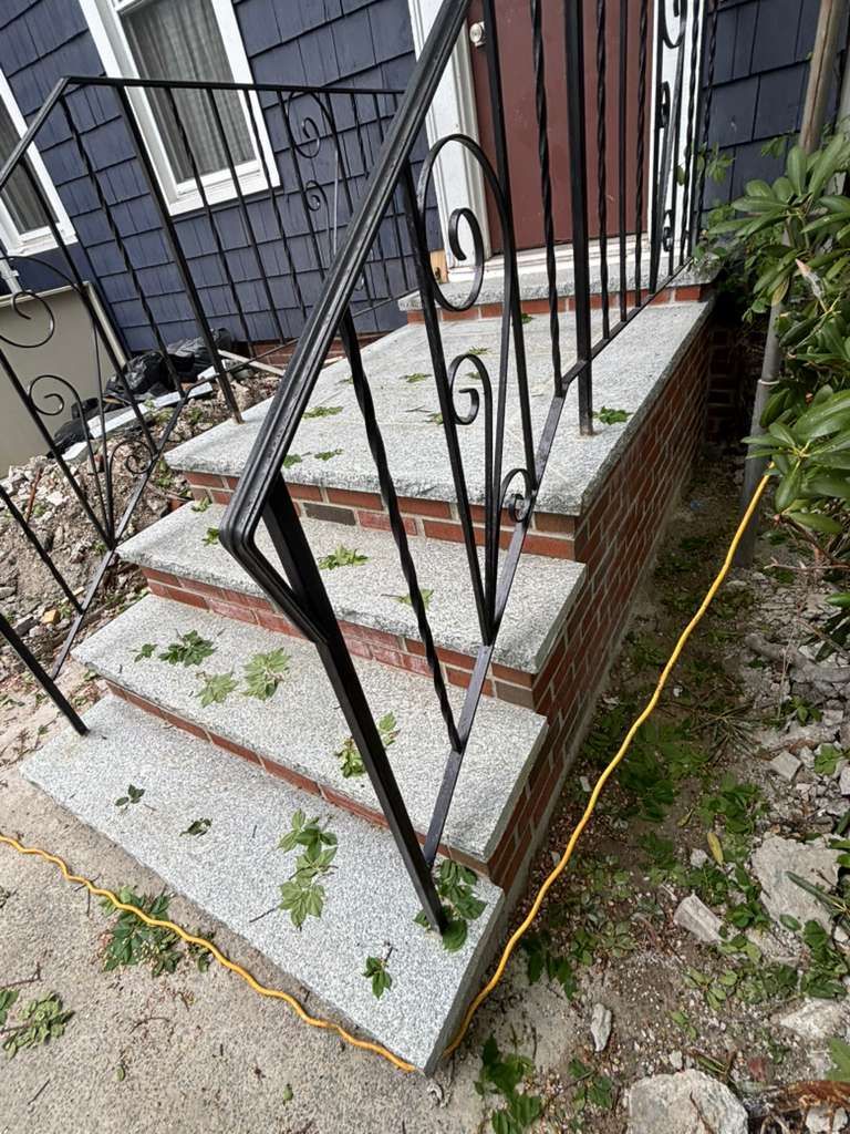 Concrete front steps with black metal railing leading to a porch beside a house.