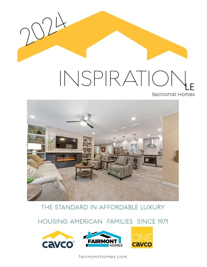 2024 Inspiration Home flyer with interior home photo, yellow roof graphic, and logos for Cavco, Fairmont Homes, and Cavco.