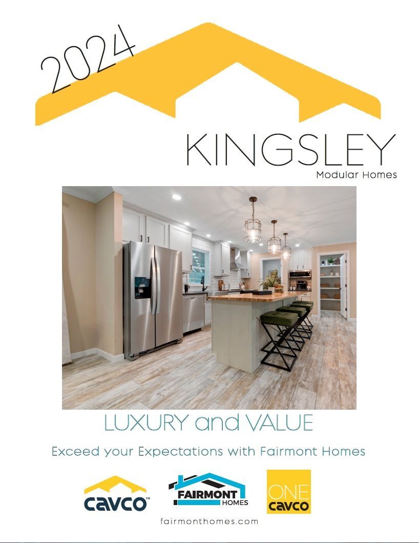2024 Kingsley Yachts Homes brochure with a modern kitchen photo. Text: Luxury and Value. Brands Cavco, Fairmont Homes, and Cove.