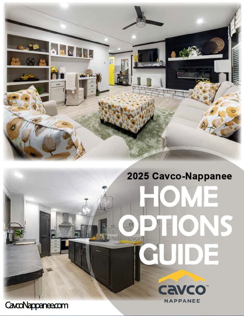 Cover of the 2025 Cavco-Nappanee Home Options Guide. Features interior photos of a living room and kitchen with modern design.