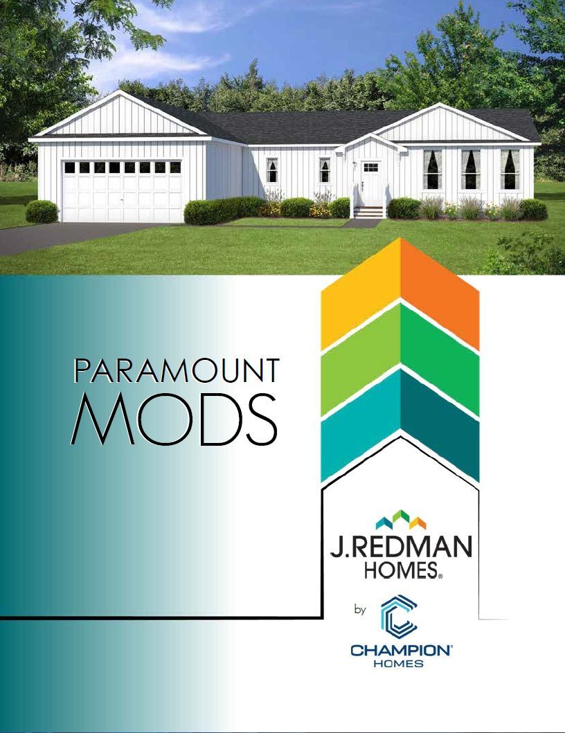 A house rendering above a brochure for Paramount Mods and J. Redman Homes, with a colorful logo.