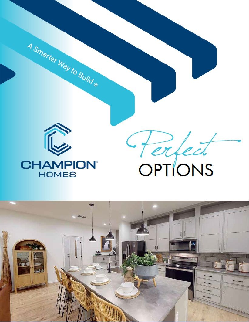 Champion Homes brochure with kitchen interior photo. Blue and teal graphic elements.
