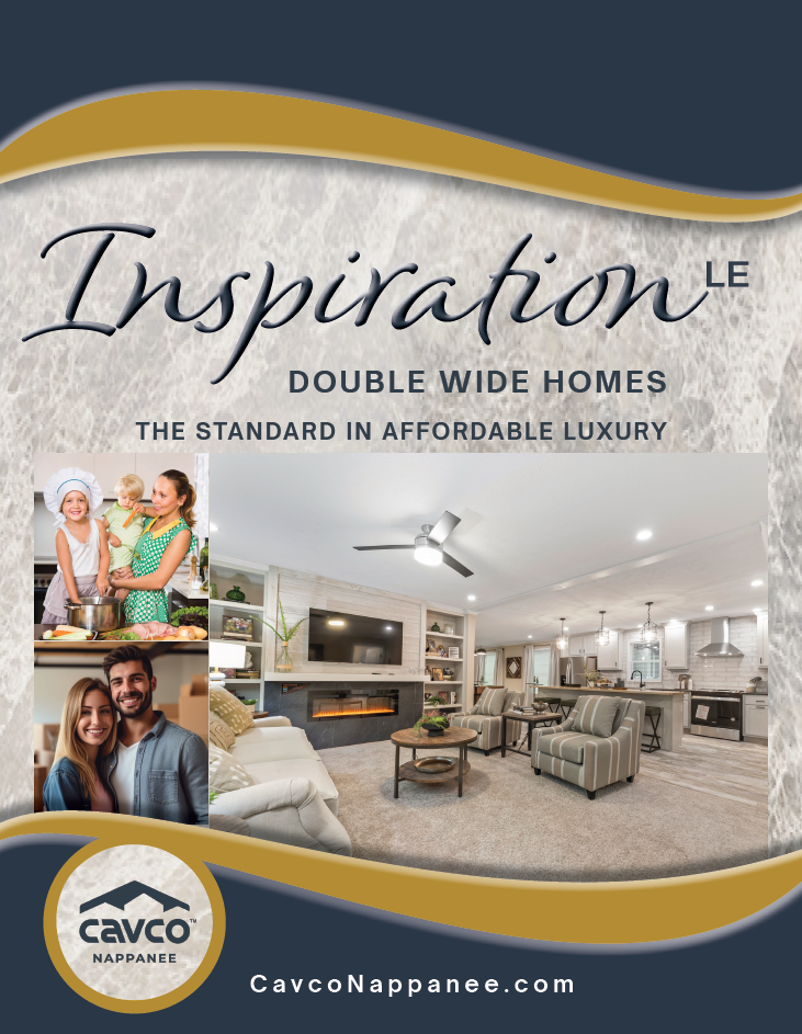 2024 Inspiration Home flyer with interior home photo, yellow roof graphic, and logos for Cavco, Fairmont Homes, and Cavco.