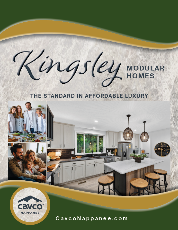 2024 Kingsley Yachts Homes brochure with a modern kitchen photo. Text: Luxury and Value. Brands Cavco, Fairmont Homes, and Cove.