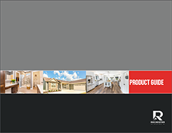 Product guide cover with gray background, a photo strip of interiors and exteriors, and the text