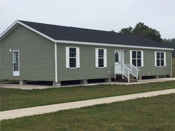 A green house with a black roof and white shutters