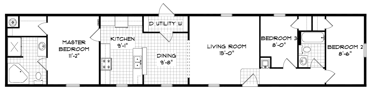 Floor plan of a rectangular house with a master bedroom, kitchen, living room, and second bedroom.