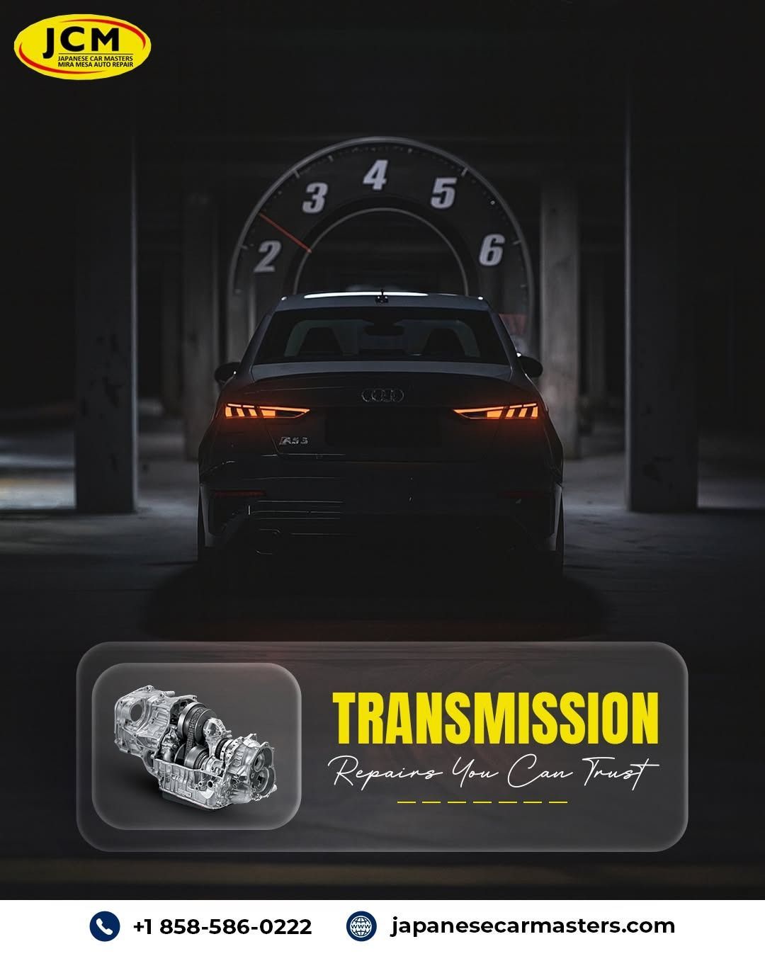 Dark car in a garage under a gear-number arch, with a “Transmission” ad banner below.