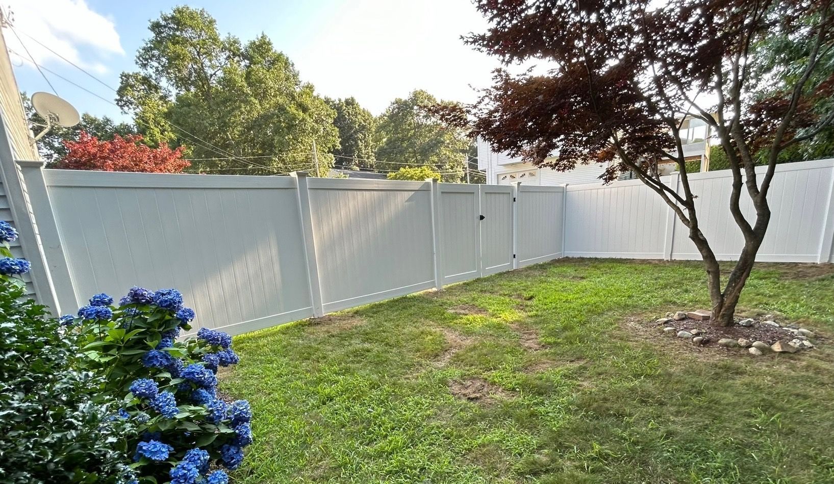 A white fence surrounds a lush green yard with a tree in the middle.