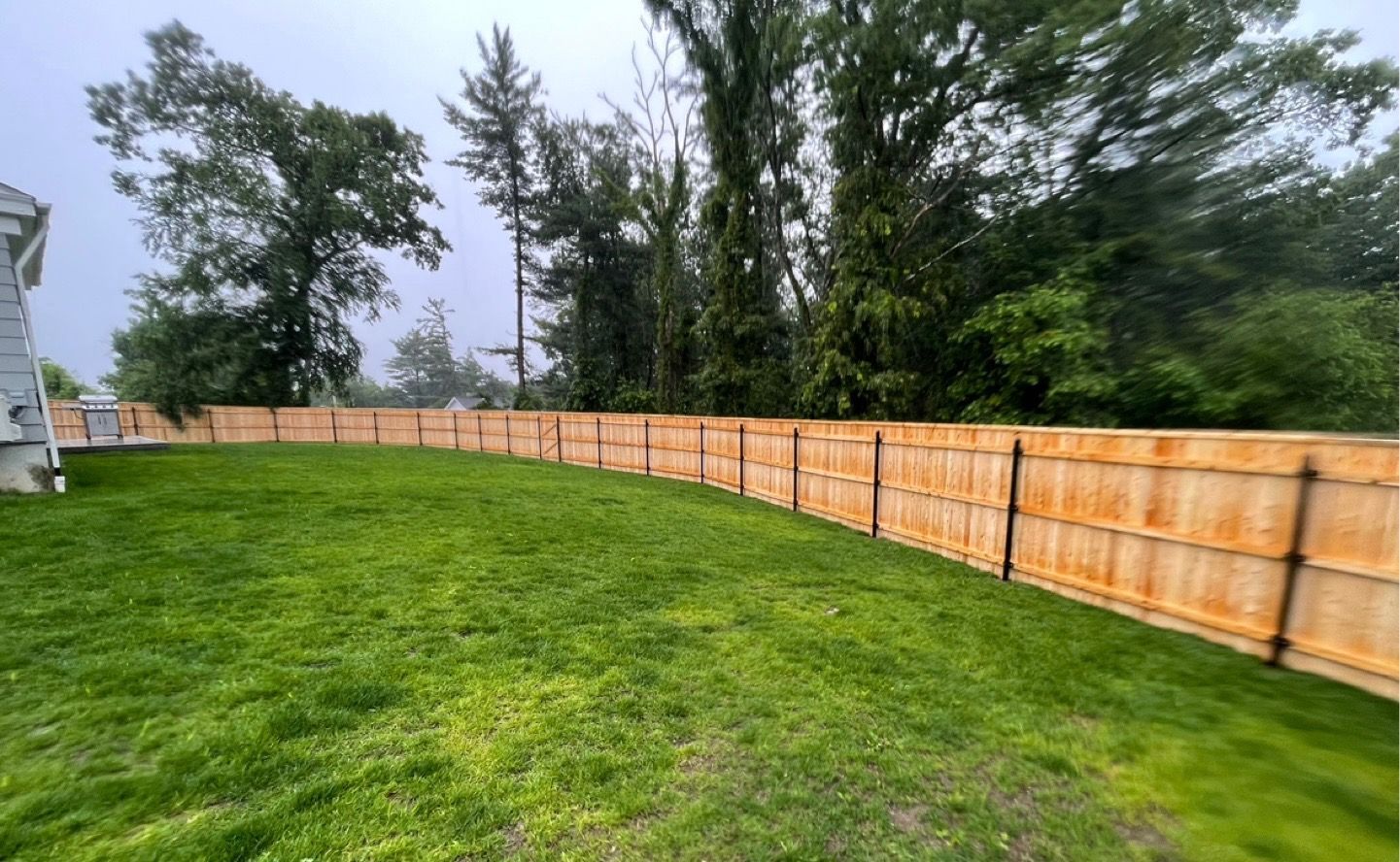 Backyard with green lawn and long wooden privacy fence under overcast sky
