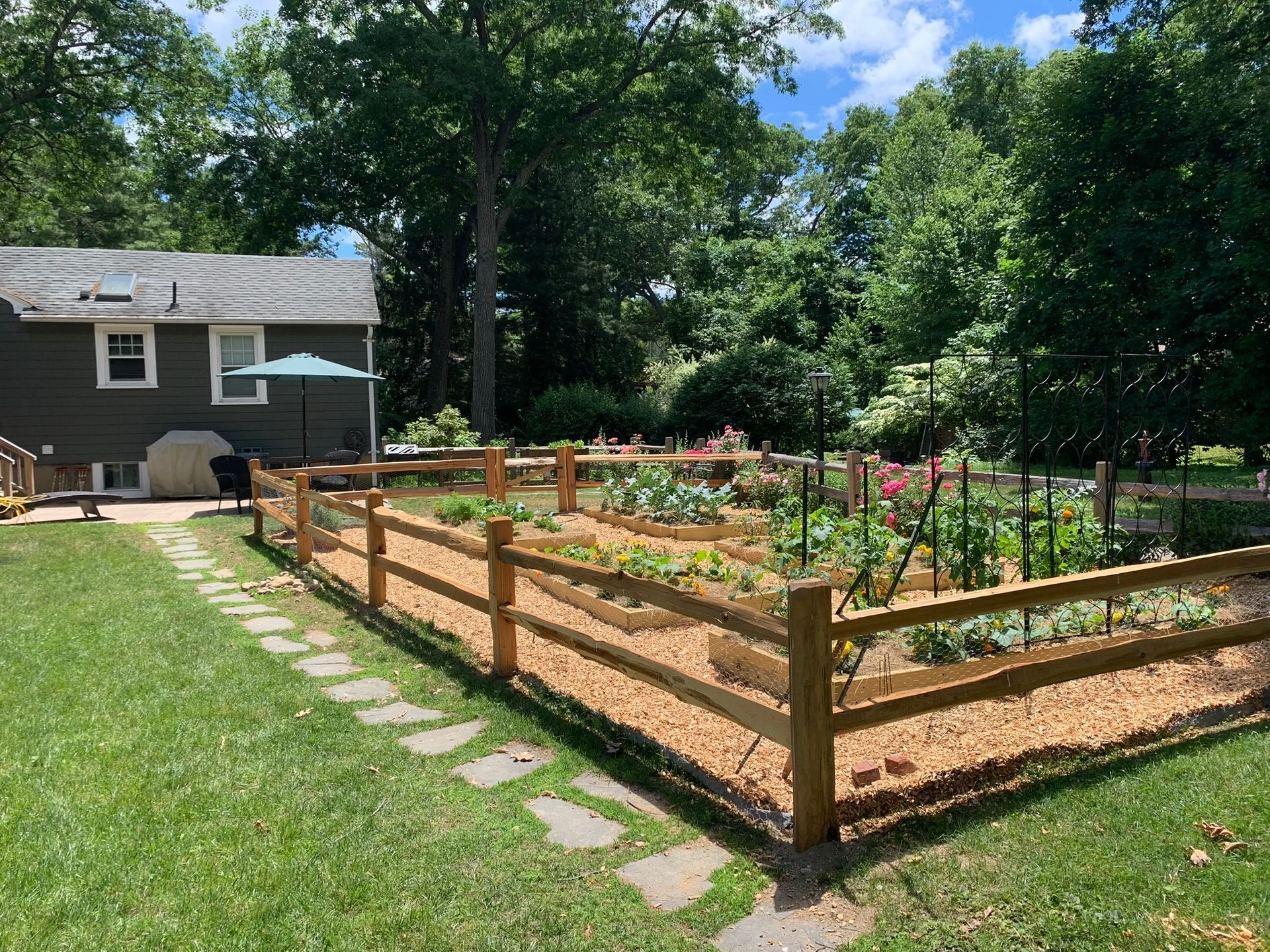 Raised vegetable garden with wooden fence beside a house, bordered by a green lawn and trees