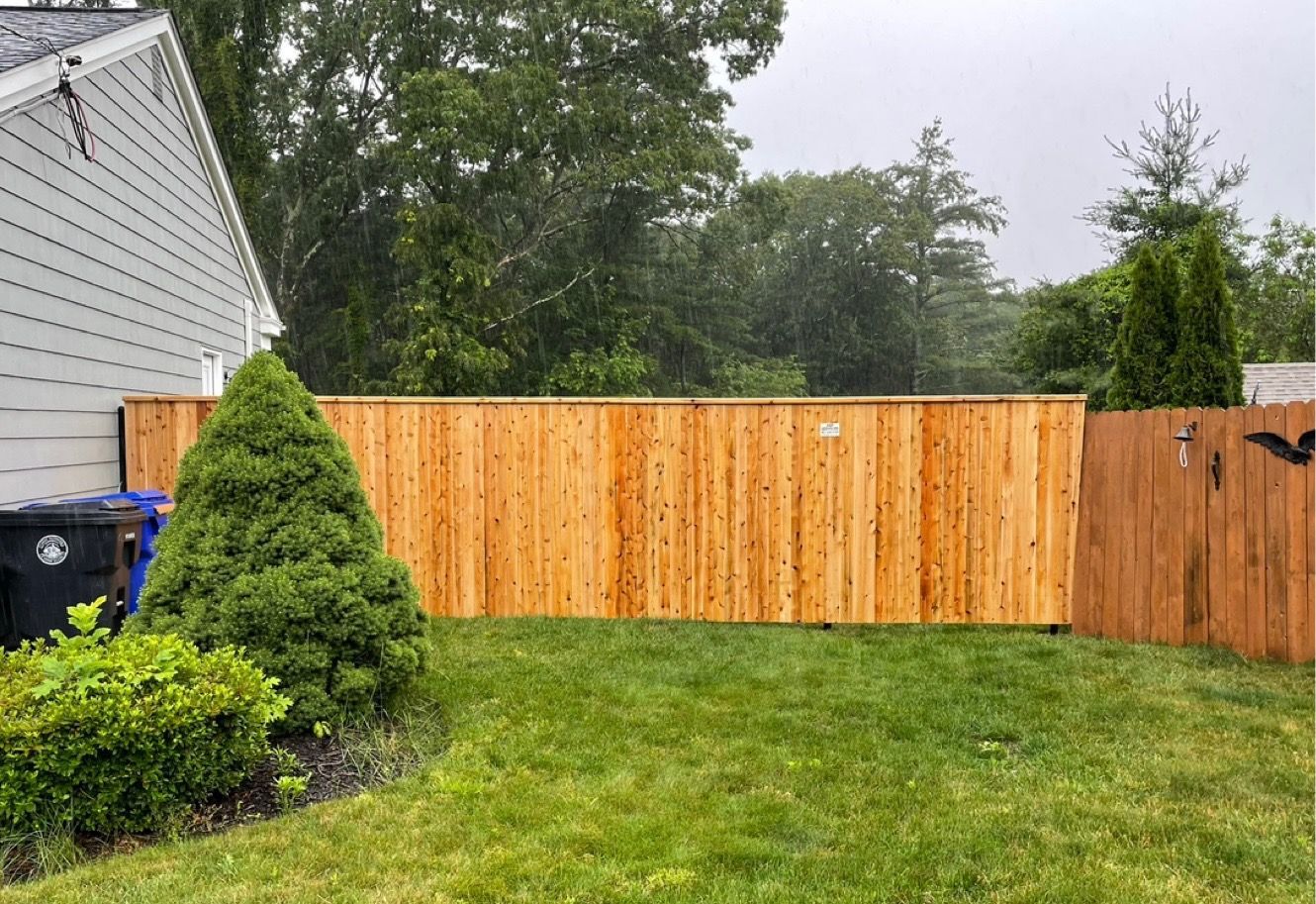 Backyard with green lawn, wooden privacy fence, and shrubs beside a house