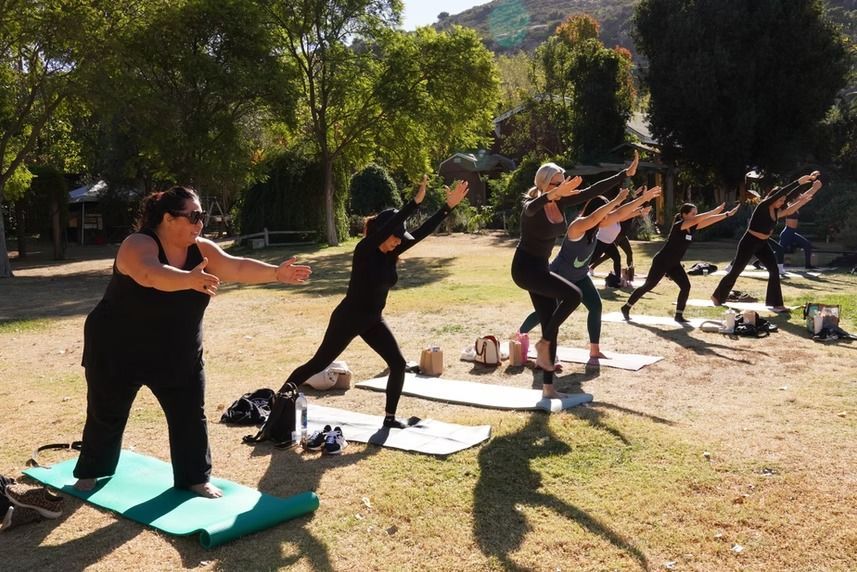 People doing outdoor yoga on mats in a sunny park, stretching in a line.