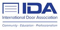 The logo for the international door association is blue and white.