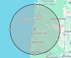 Map of Oregon coast with a large black circle centered near Lincoln City and Newport.