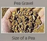 Pea gravel held in cupped hands, small rounded stones with a beige color. Caption: 