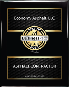 A black and gold award for economy asphalt , llc , best of business rate , and asphalt contractor.
