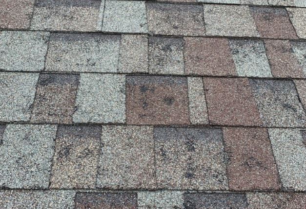 Close-up of weathered gray, tan, and reddish-brown roof shingles.